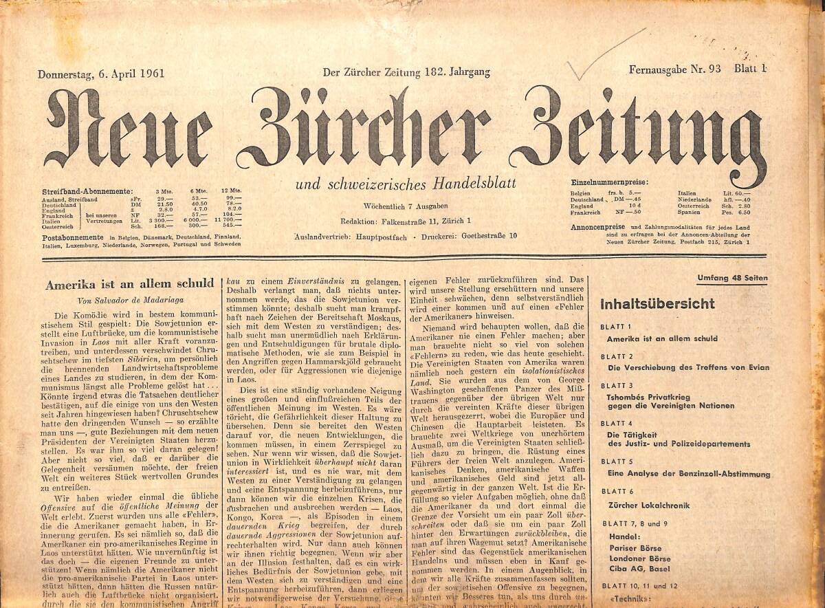 Neue Bürcher Beitung 6 April 1961 - Amerika İst An Allem Schuld GZ140918 - 1