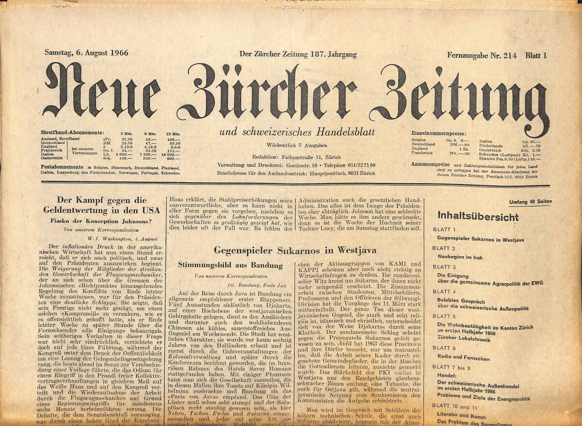 Neue Bürcher Beitung 6 August 1966 - Der Kampf Gegen Die Geldentwertung İn Den USA GZ141361 - 1