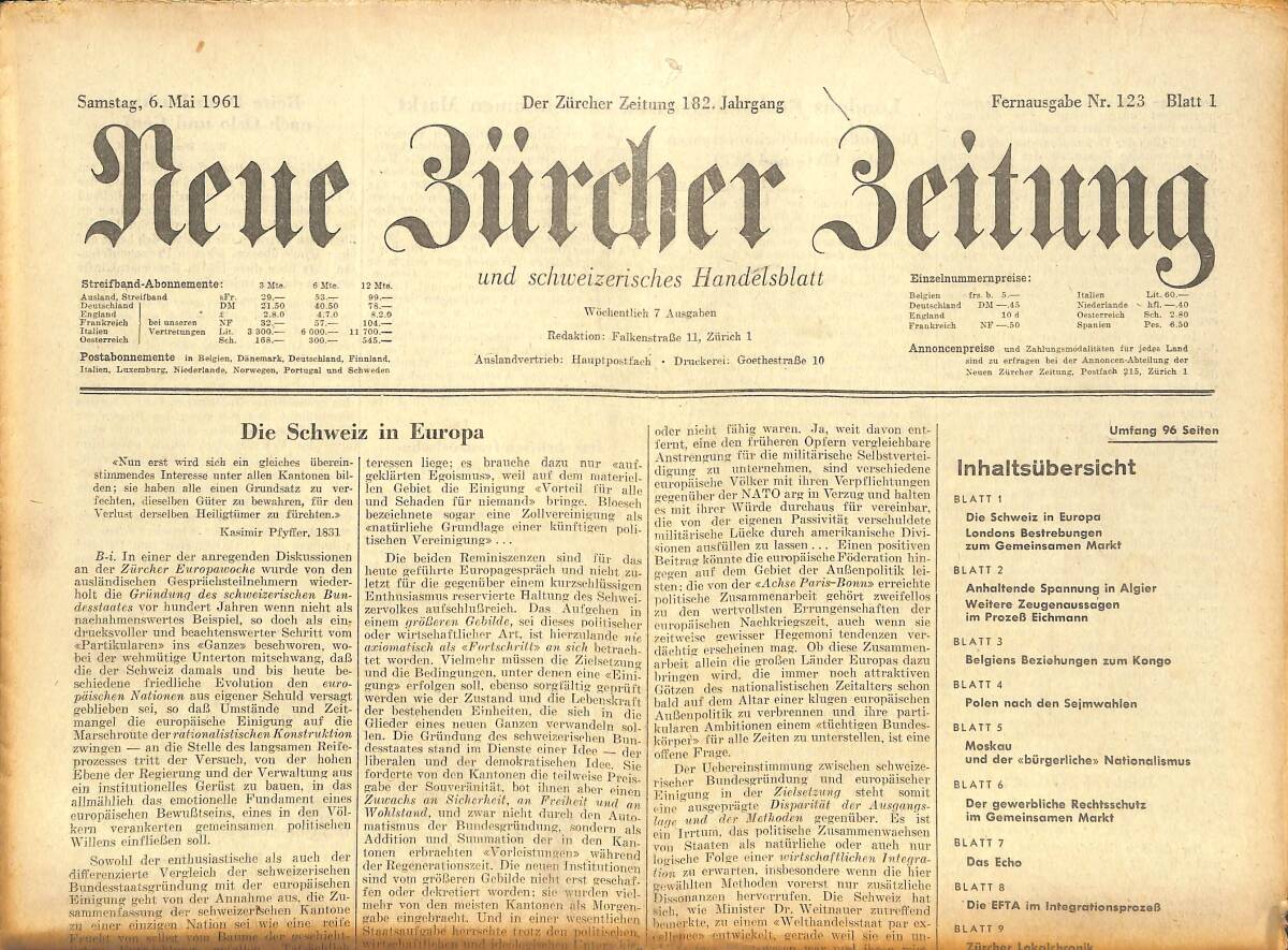 Neue Bürcher Beitung 6 Mai 1961 - Die Schweiz Europa GZ141590 - 1