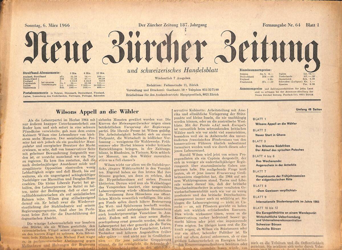 Neue Bürcher Beitung 6 Marz 1966 - Wilsons Appell An Die Wahler GZ140909 - 1