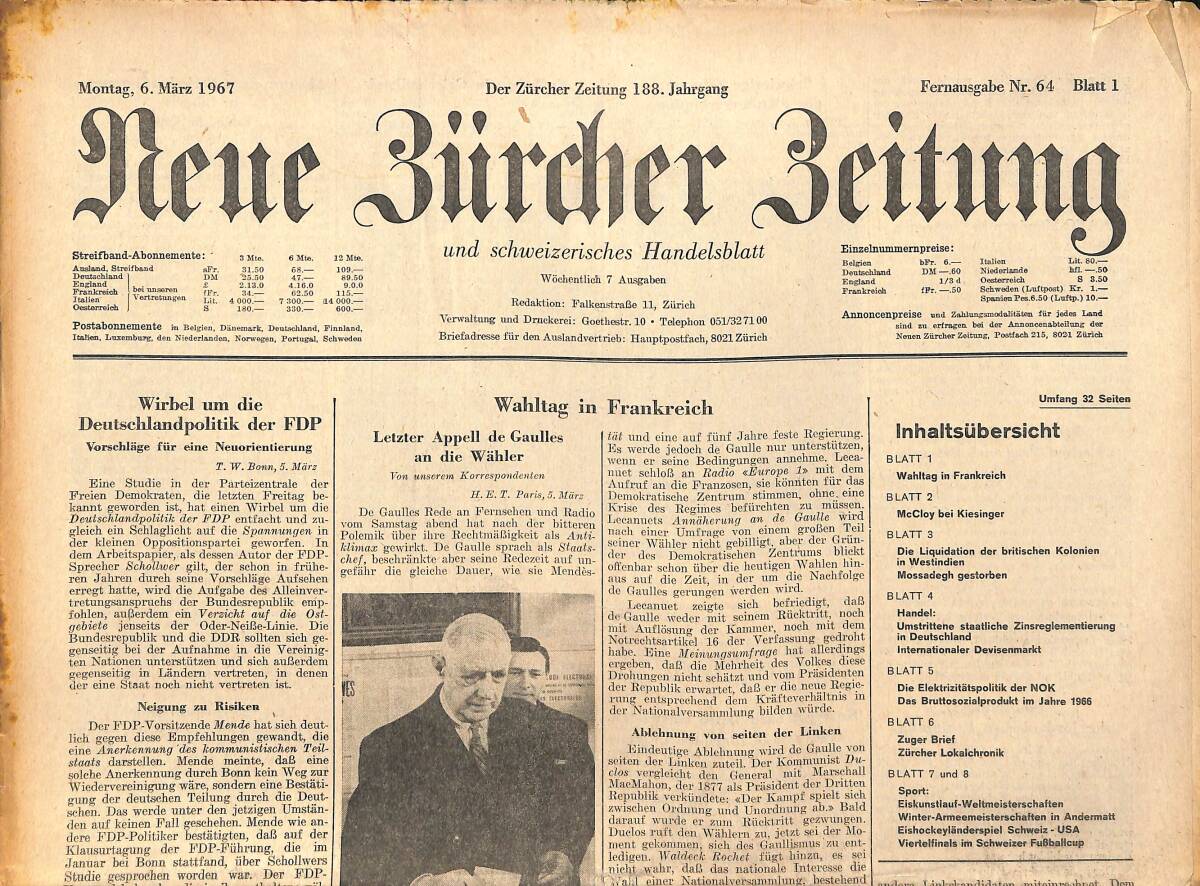 Neue Bürcher Beitung 6 Marz 1967 - Wirbel Um Die Deutschlandpolitik Der FDP GZ141641 - 1