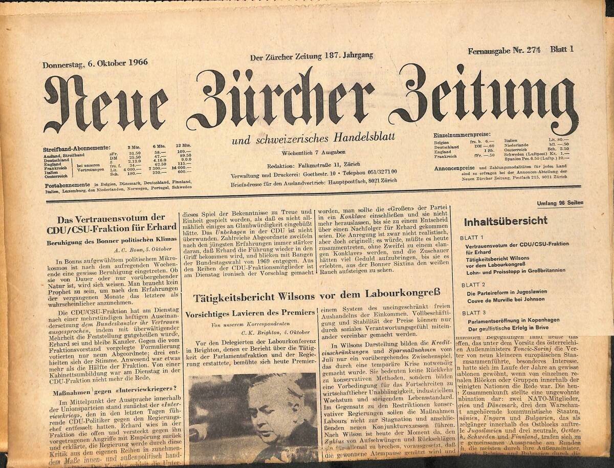 Neue Bürcher Beitung 6 Oktober 1966 - Tatigkeitsbericht Wilsons Vor Dem Labourkongreb GZ141307 - 1