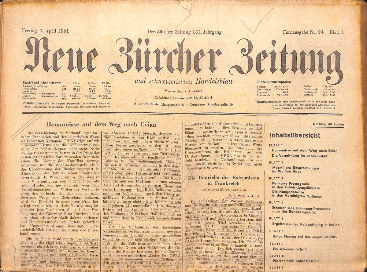 Neue Bürcher Beitung 7 April 1961 - Hemmnisse Auf Dem Weg Nach Evian GZ140917 - 1