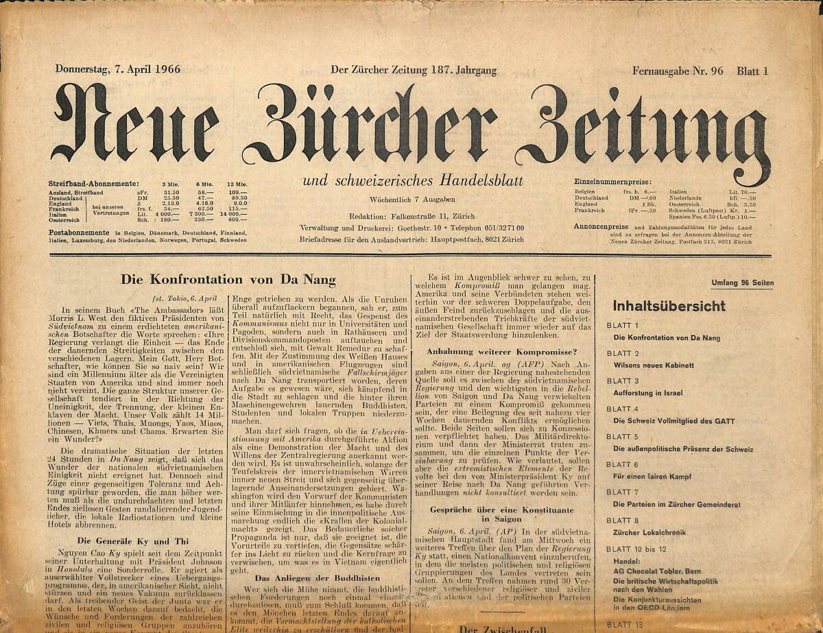 Neue Bürcher Beitung 7 April 1966 - Die Konfrontation Von Da Nang GZ141562 - 1