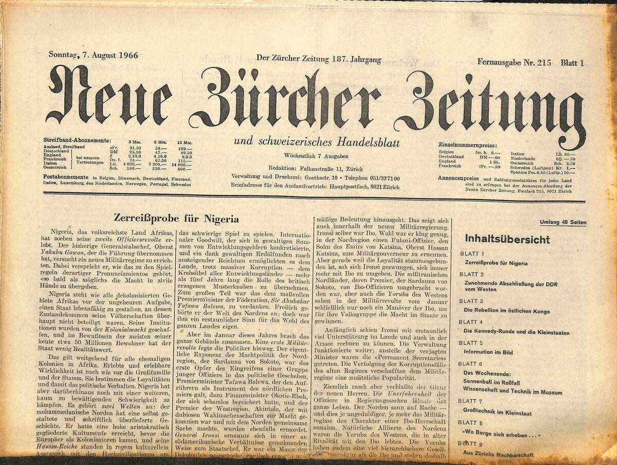 Neue Bürcher Beitung 7 August 1966 - Zerreibprobe Für Nigeria GZ141564 - 1
