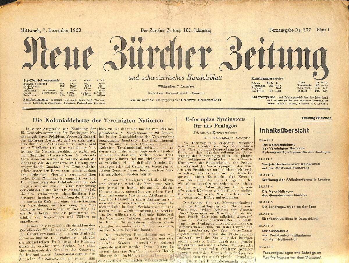 Neue Bürcher Beitung 7 Dezember 1960 - Die Kolonialdebatte Der Vereinigten Nationen GZ141627 - 1