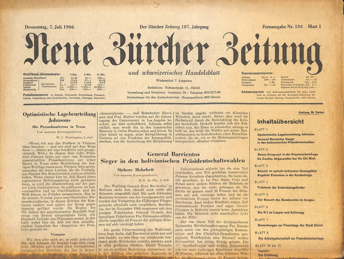 Neue Bürcher Beitung 7 Juli 1966 - Optimistische Lagebeurteilung Johnsons GZ141613 - 1