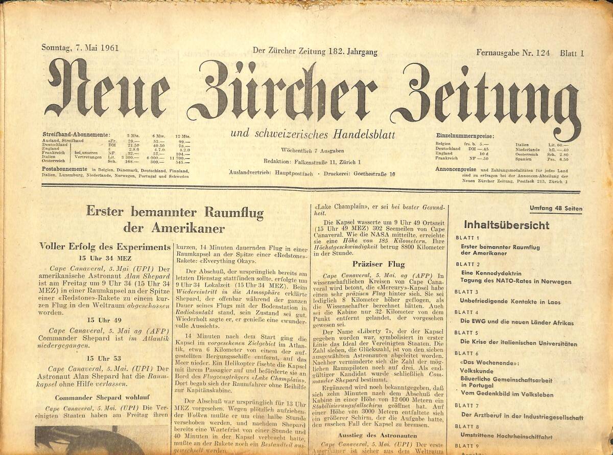 Neue Bürcher Beitung 7 Mai 1961 - Erster Bemannter Raumflug Der Amerikaner GZ141591 - 1