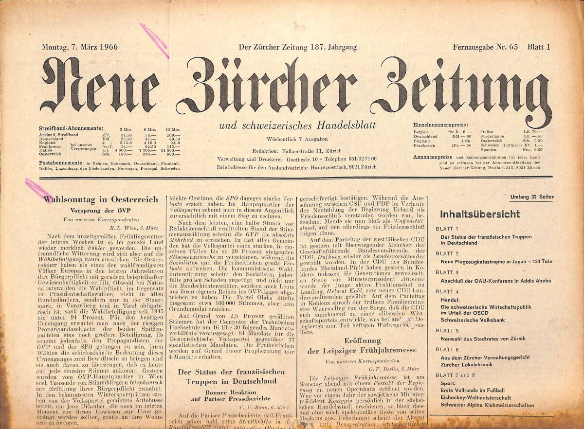 Neue Bürcher Beitung 7 Marz 1966 - Wahlsonntag İn Oesterreich GZ140910 - 1