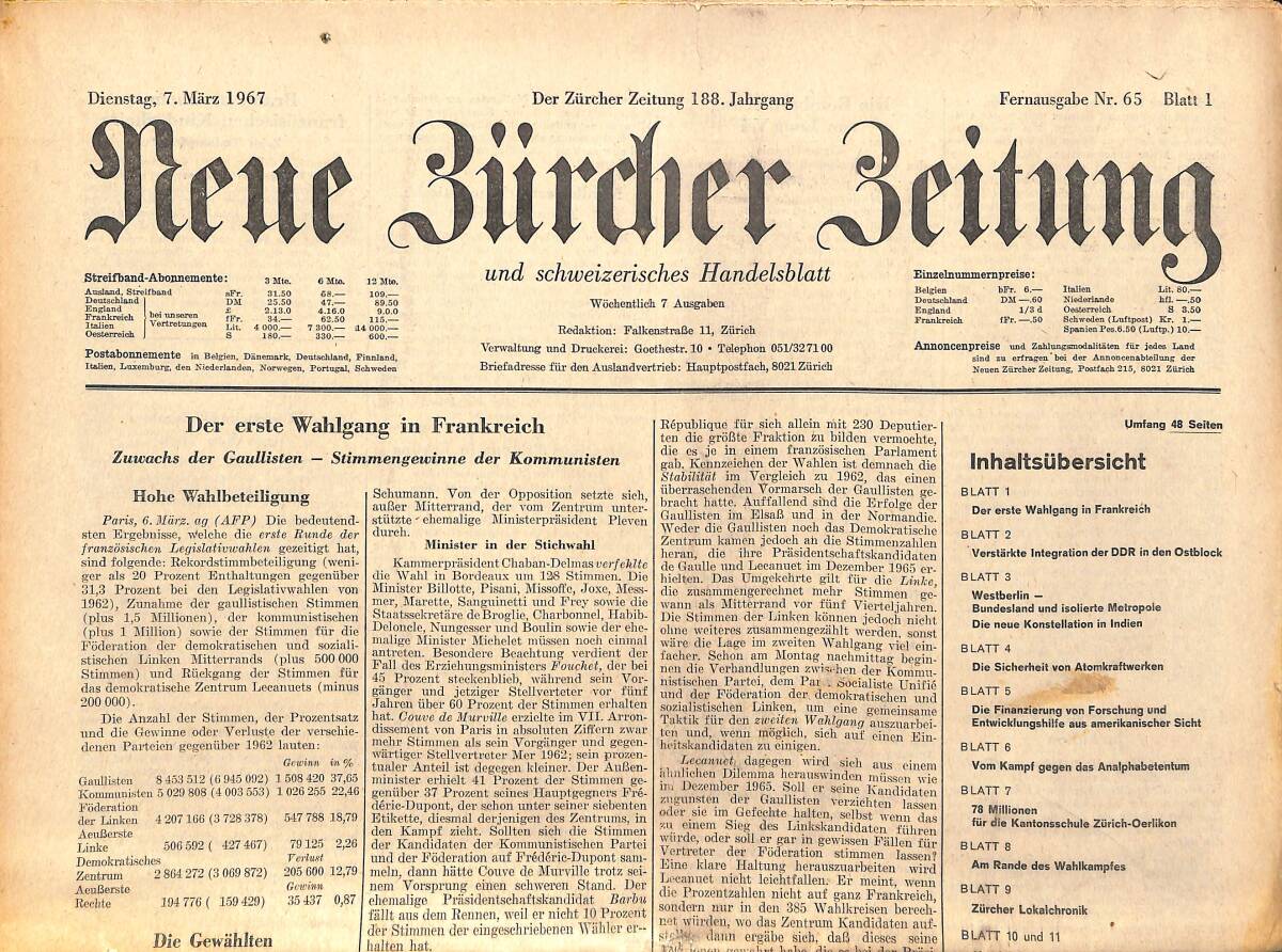 Neue Bürcher Beitung 7 Marz 1967 - Der Erste Wahlgang İn Frankreich GZ141642 - 1
