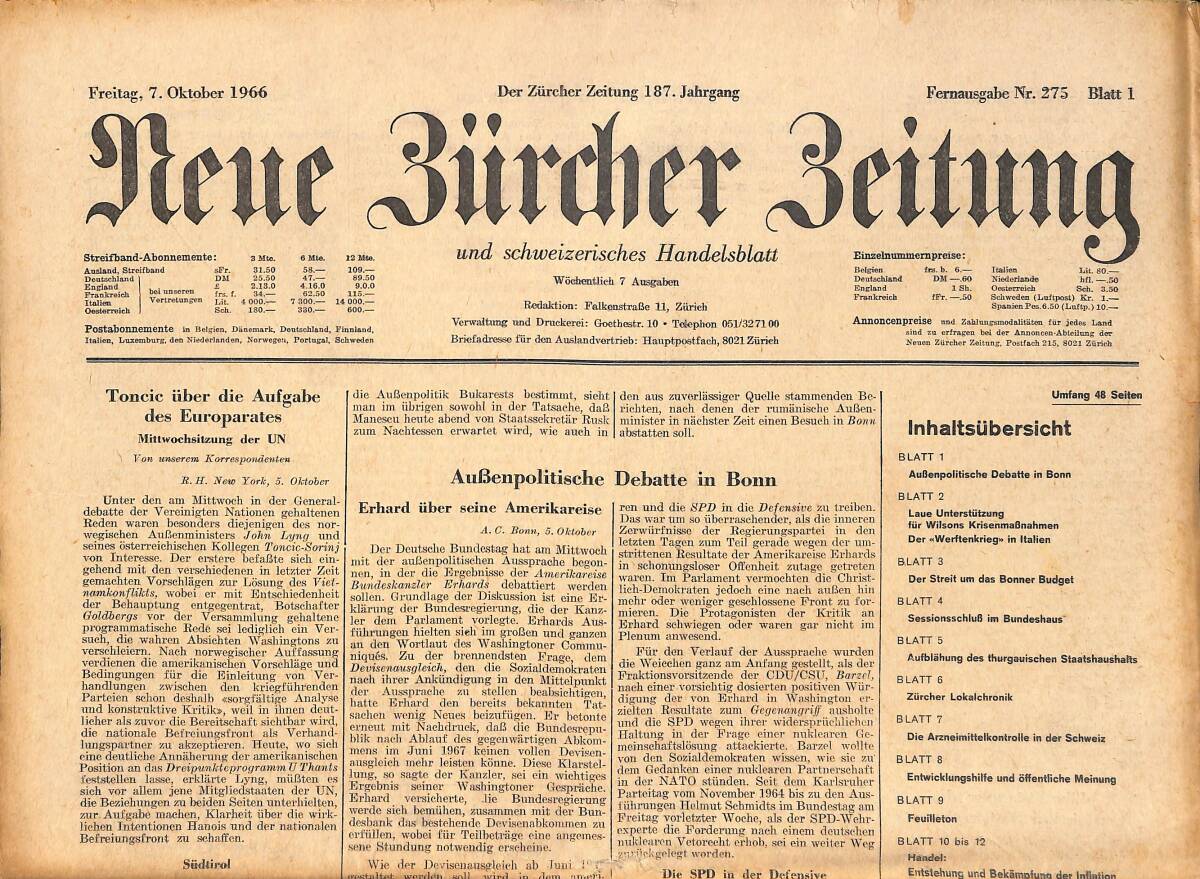 Neue Bürcher Beitung 7 Oktober 1966 - Toncic Über Die Aufgabe Des Europarates GZ141306 - 1