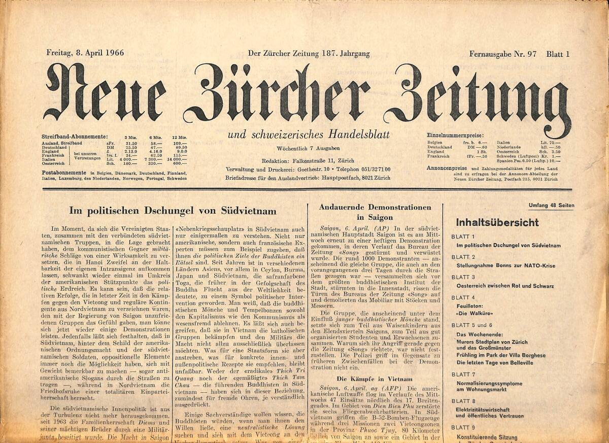 Neue Bürcher Beitung 8 April 1966 - Im Polistischen Dschungel Von Südvietnam GZ141322 - 1