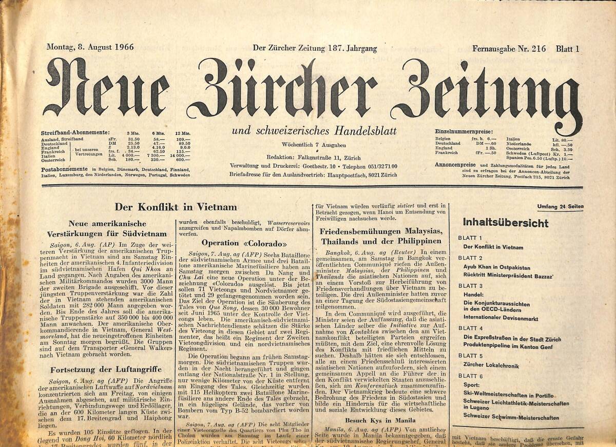 Neue Bürcher Beitung 8 August 1966 - Der Konflikt İn Vietnam GZ141565 - 1