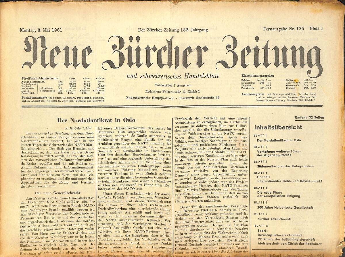 Neue Bürcher Beitung 8 Mai 1961 - Der Nordatlantikrat İn Oslo GZ141592 - 1