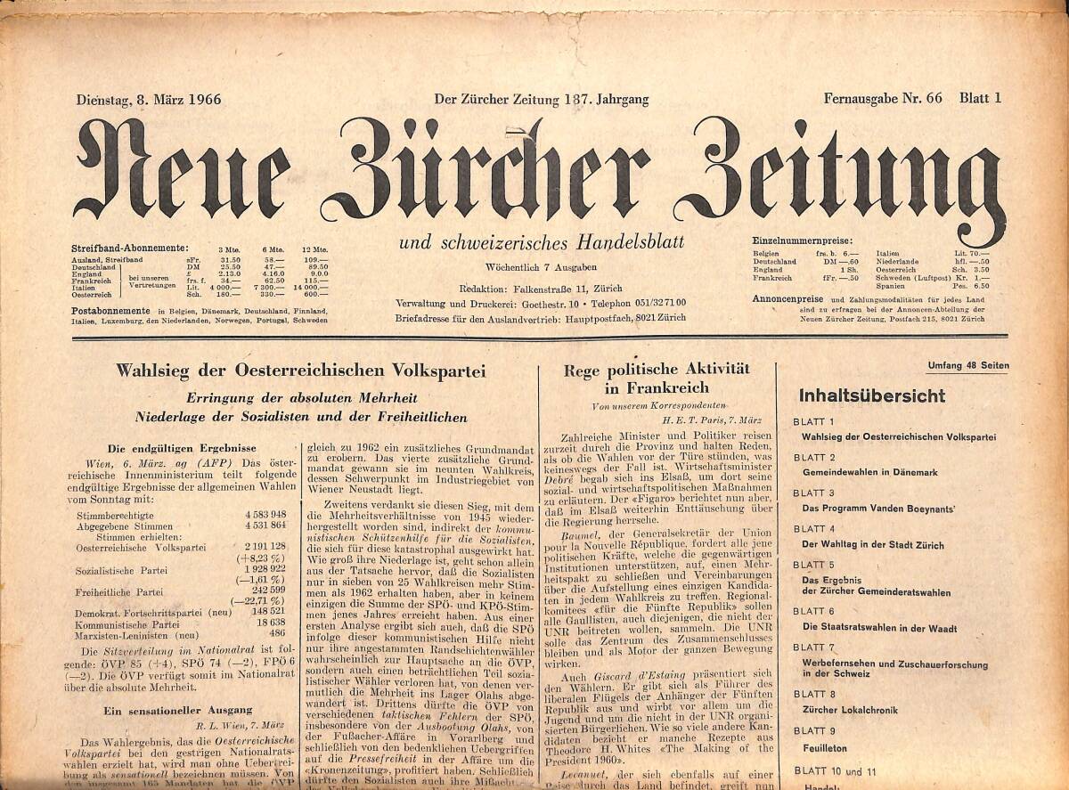 Neue Bürcher Beitung 8 Marz 1966 - Wahlsieg Der Oesterreichischen Volkspartei GZ140911 - 1