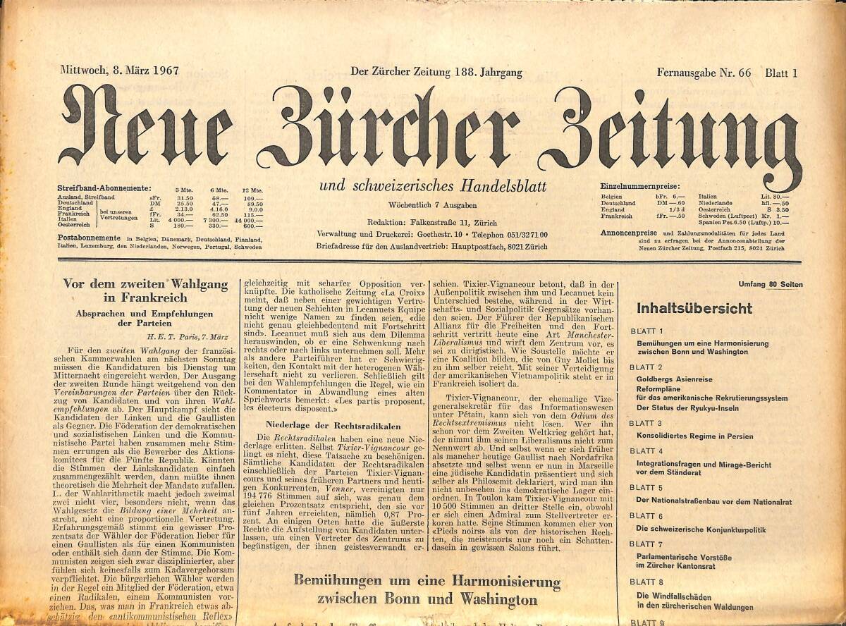 Neue Bürcher Beitung 8 Marz 1967 - Vor Dem Zweiten Wahlgang İn Frankreich GZ141643 - 1