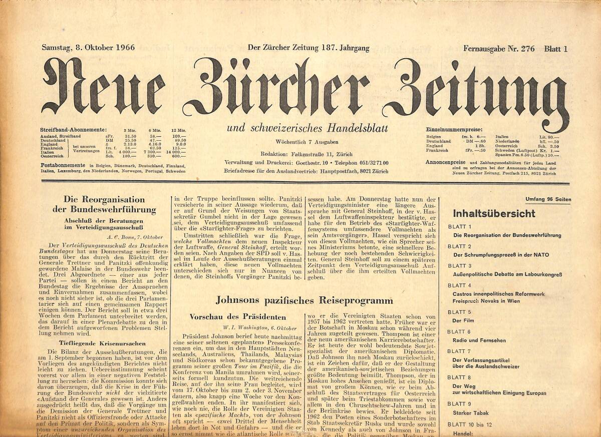 Neue Bürcher Beitung 8 Oktober 1966 - Die Reorganisation Der Bundeswehrführung GZ141305 - 1