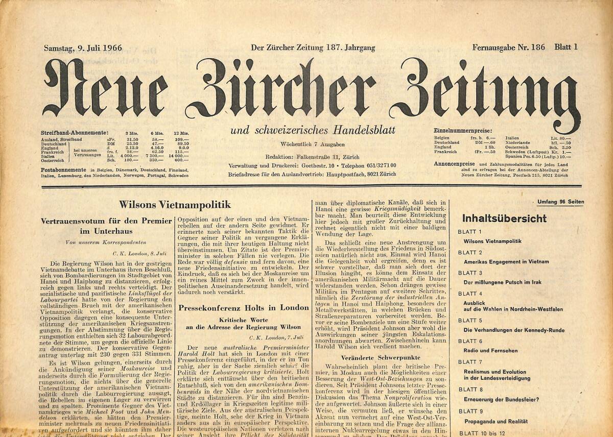 Neue Bürcher Beitung 9 Juli 1966 - Die Amerikanischen Versuche Mit Der Saturn - Rakete GZ141615 - 1