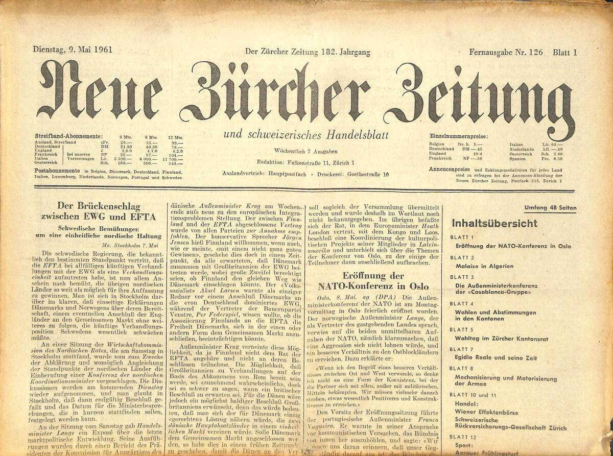 Neue Bürcher Beitung 9 Mai 1961 - Der Brückenschlag Zwischen EWG Und EFTA GZ141593 - 1