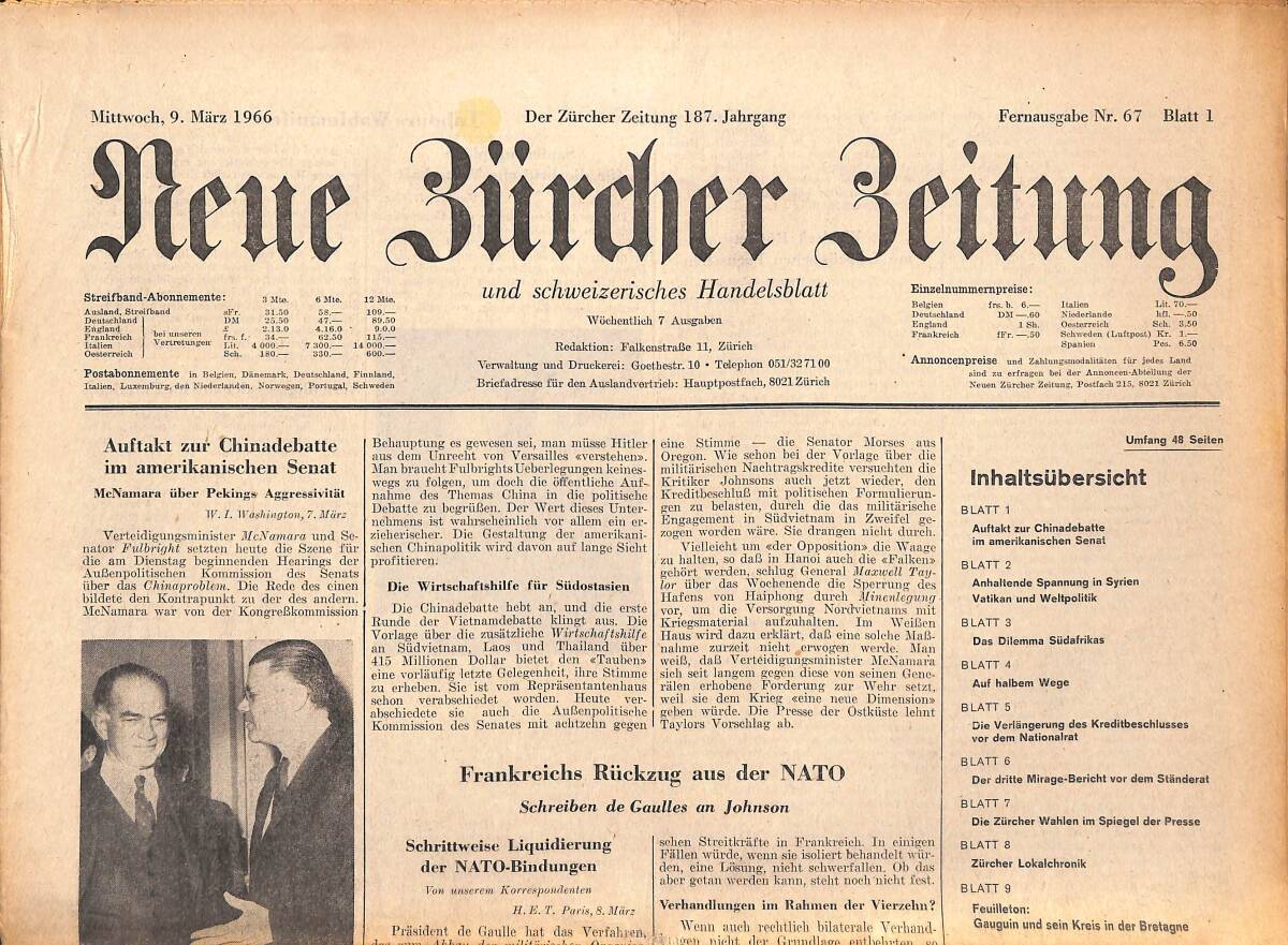 Neue Bürcher Beitung 9 Marz 1966 - Auftakt Zur Chinadebatte İm Amerikanischen Senat GZ140912 - 1