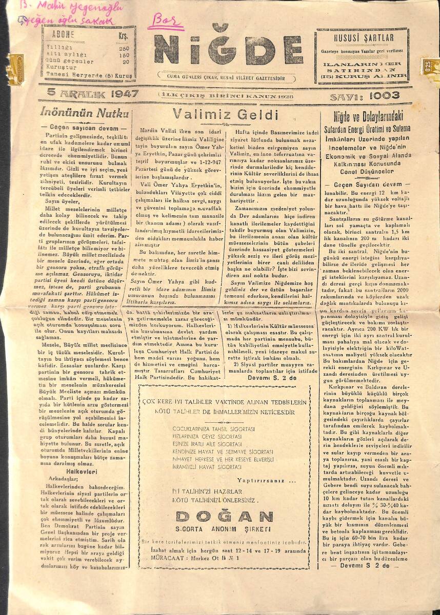 Niğde Resmi Vilayet Gazetesi 5 Aralık 1947 - İnönü'nün Nutku, Valimiz Şehre Geldi GZ134707 - 1
