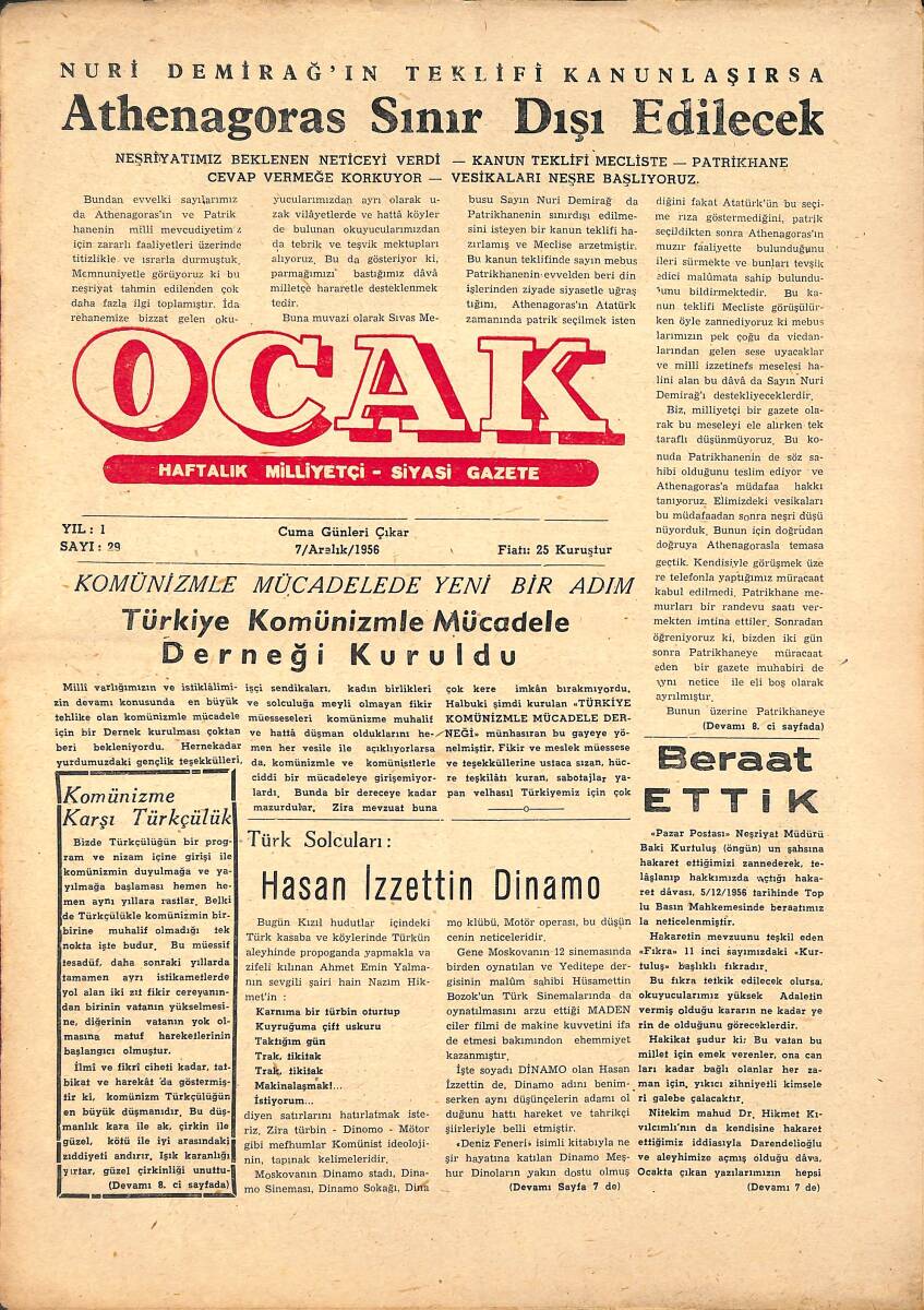 Ocak Gazetesi 7 Aralık 1956 - Nuri Demirdağ'ın Teklifi Kanunlaşırsa Athenagoras Sınır Dışı Edilecek - Türkiye Komunizmle Mücadele Derneği Kuruldu GZ136730 - 1