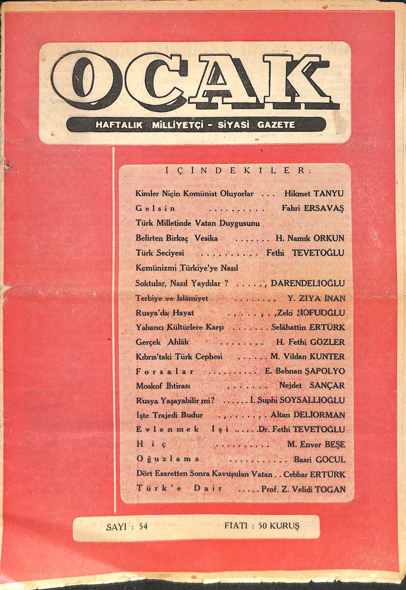 OCAK Haftalık Milliyetçi Siyasi Gazete Sayı:54 - Hikmet Tanyu, Fethi Tevetoğlu, Y. Ziya İnan NDR88173 - 1