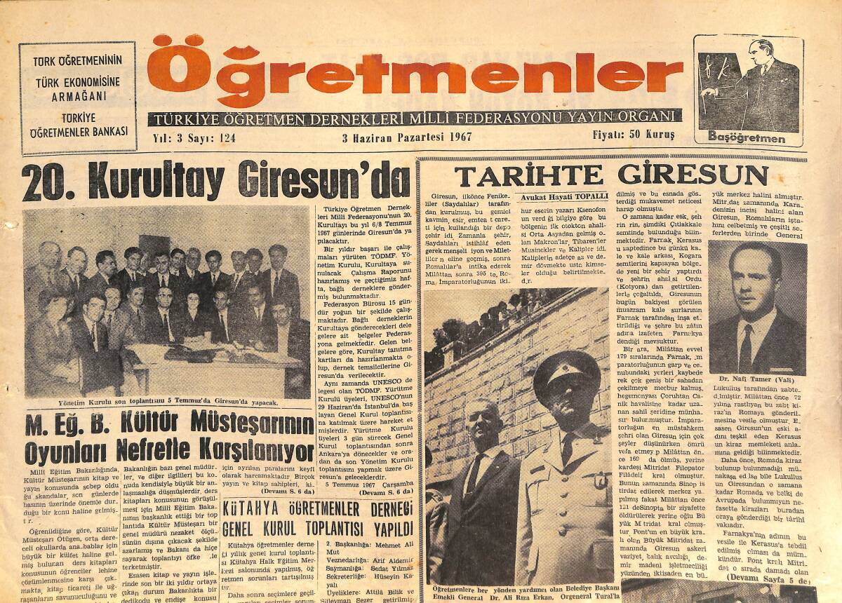 Öğretmenler Gazetesi 3 Haziran 1967 - 20. Kurultay Giresun'da - Tarihte Giresun - Giresun'un Ekonomik Bünyesi GZ136715 - 1