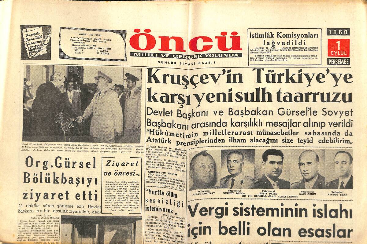 Öncü Gazetesi 1 Eylül 1960 - Tunçbilek Santralının Turbin Kanatları Kırıldı - Org. Gürsel Bölükbaşıyı Ziyaret Etti GZ144000 - 1