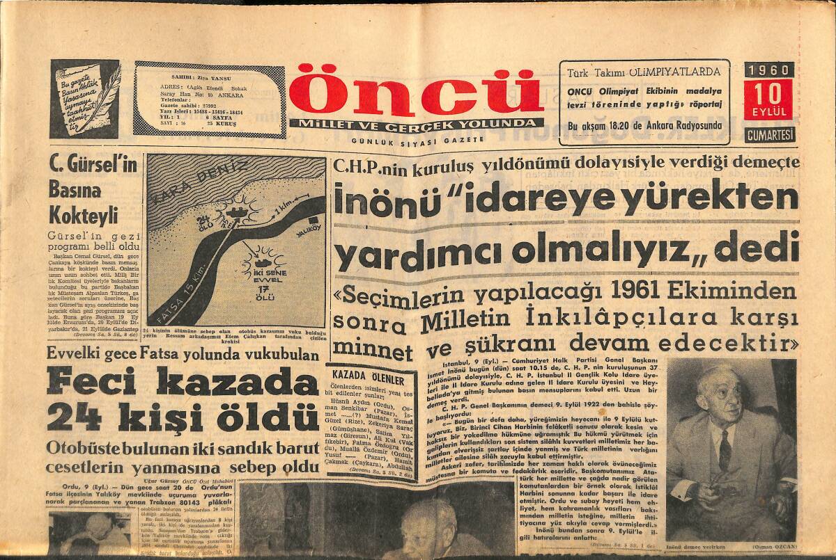 Öncü Gazetesi 10 Eylül 1960 - Prof. Onar Anayasa Mahkemesini Anlattı - C.Gürsel'in Basına Kokteyli GZ143966 - 1