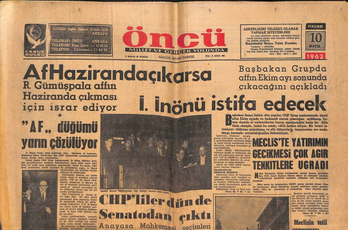 Öncü Gazetesi 10 Mayıs 1962 - Don Juan Yine Yaralandı - Lizbonda İşçiler Ayaklandı GZ144027 - 1