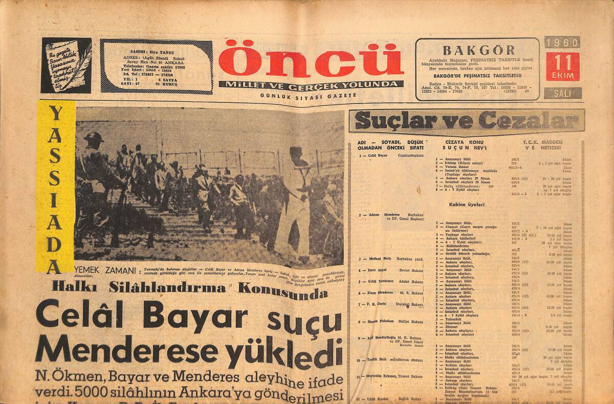 Öncü Gazetesi 11 Ekim 1960 - Celâl Bayar Suçu Menderes'e Yükledi - İngiltere'de Skandal GZ144015 - 1