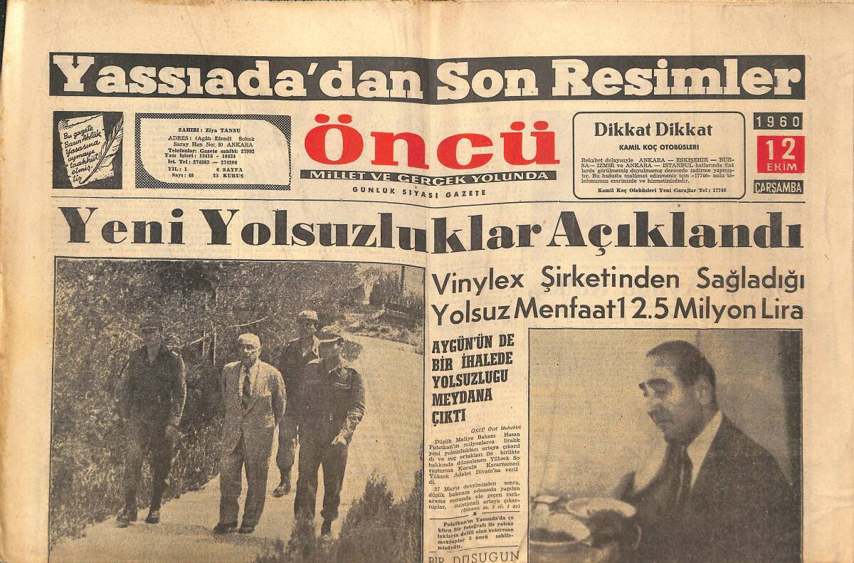 Öncü Gazetesi 12 Ekim 1960 - Yeni Yolsuzluklar Açıklandı - Menderes'in Avukatları Görüşme İçin İzin İstedi GZ144016 - 1