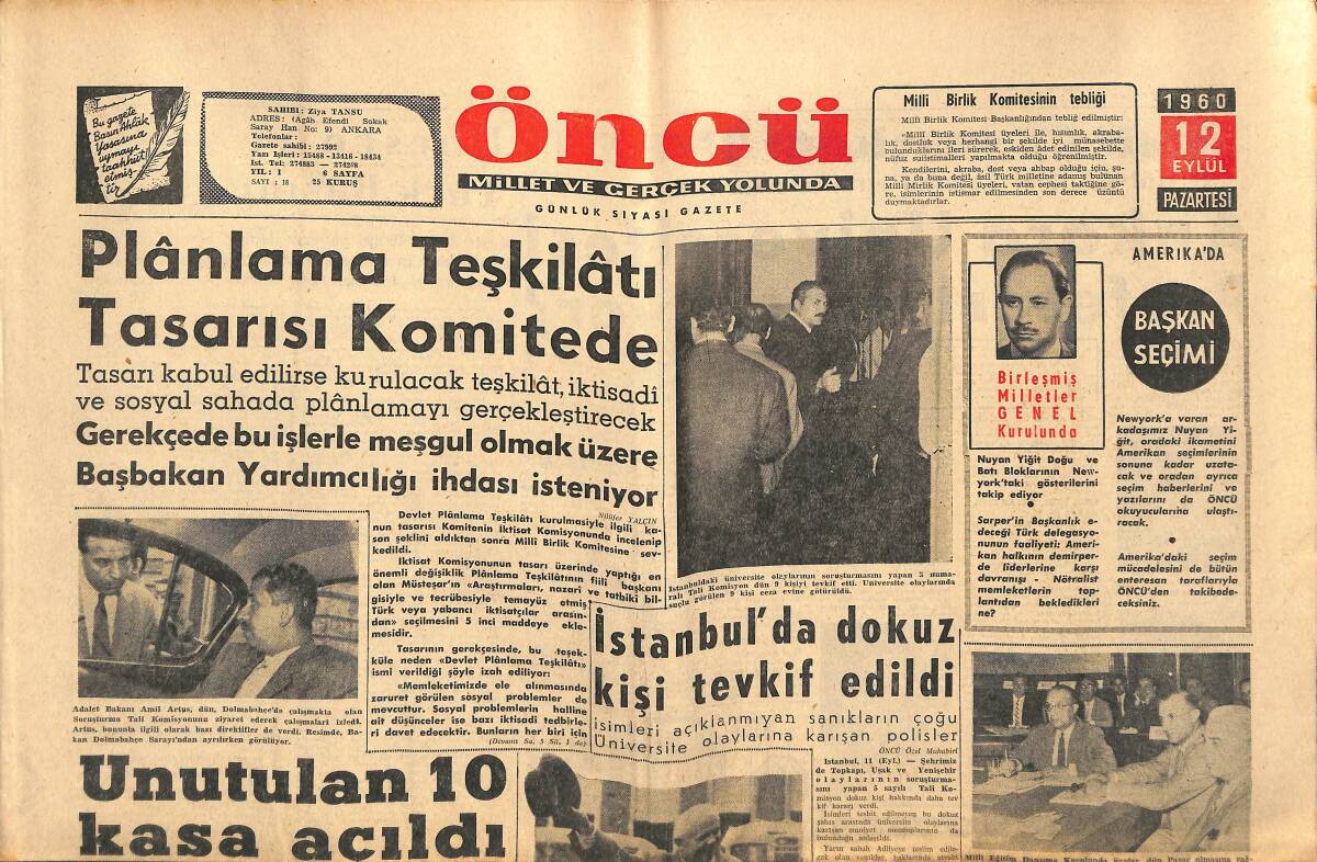 Öncü Gazetesi 12 Eylül 1960 - İstanbul'da 9 Kişi Tevkif Edildi - Prof. Tuncel'e Göre Türkçe Arınmalıdır GZ143968 - 1
