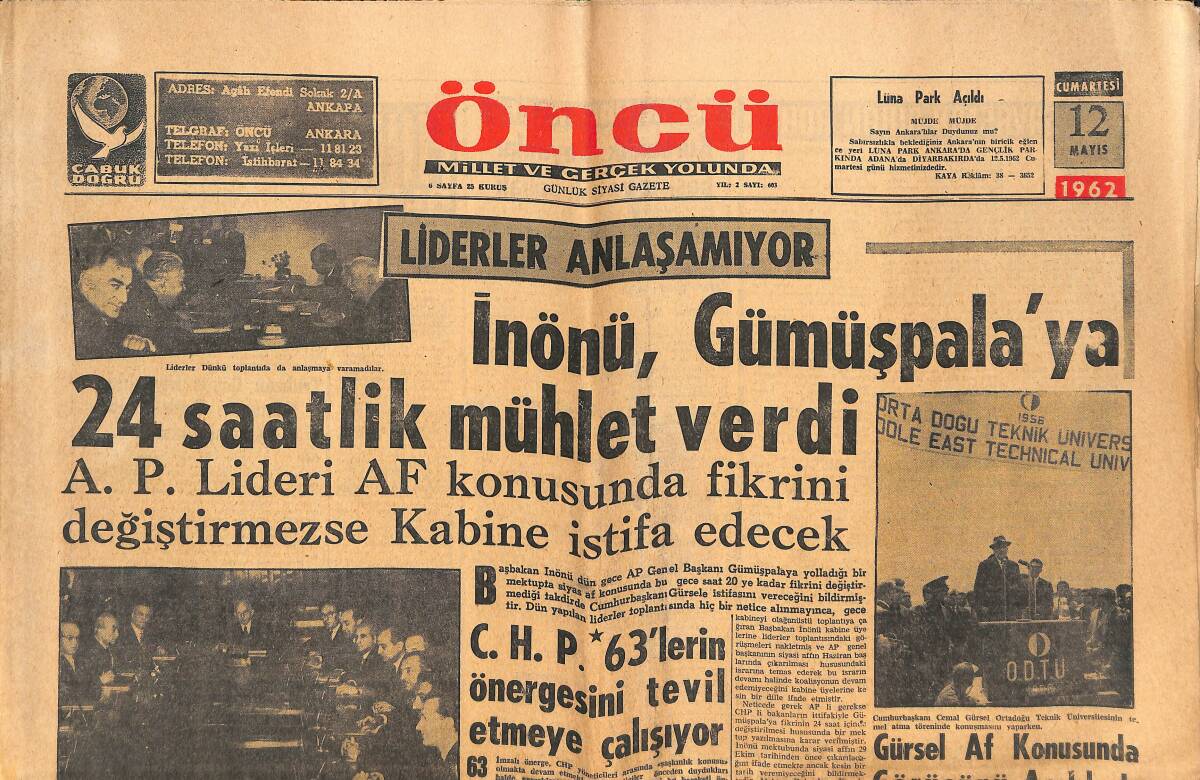 Öncü Gazetesi 12 Mayıs 1962 - 1962 Türkiye Güzeli Zeynep Rial - Prenses Sofia'nın Düğün Hazırlıkları Gün Geçtikçe İlerlemekte - Burton Liz'i Dövdü GZ143935 - 1