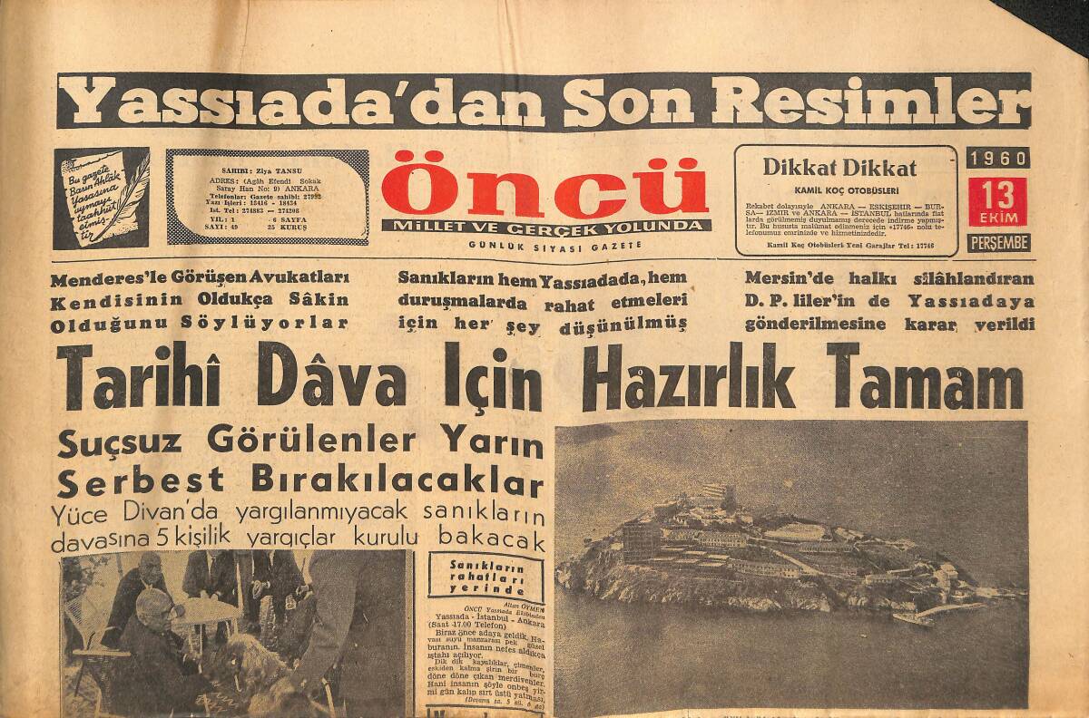 Öncü Gazetesi 13 Ekim 1960 - Yassıada'dan Son Resimler - Ankara'da Bir Para Maçı Daha Galatasaray-Beşiktaş GZ143952 - 1