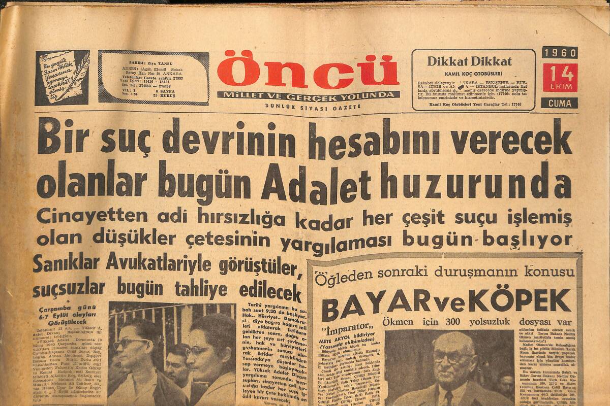 Öncü Gazetesi 14 Ekim 1960 - J. Kennedy'nin Öncü'ye Demeci - Öncü Yassıada Duruşmalarında GZ143953 - 1