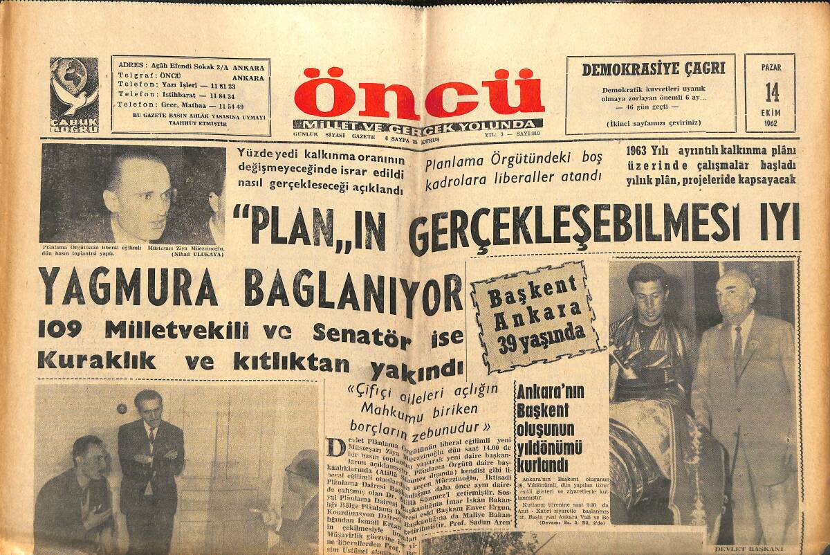 Öncü Gazetesi 14 Ekim 1962 - Bütün Hastaneler Devletleştiriliyor - Ankara'nın Başkent Oluşunun Yıldönümü Kutlandı GZ143987 - 1