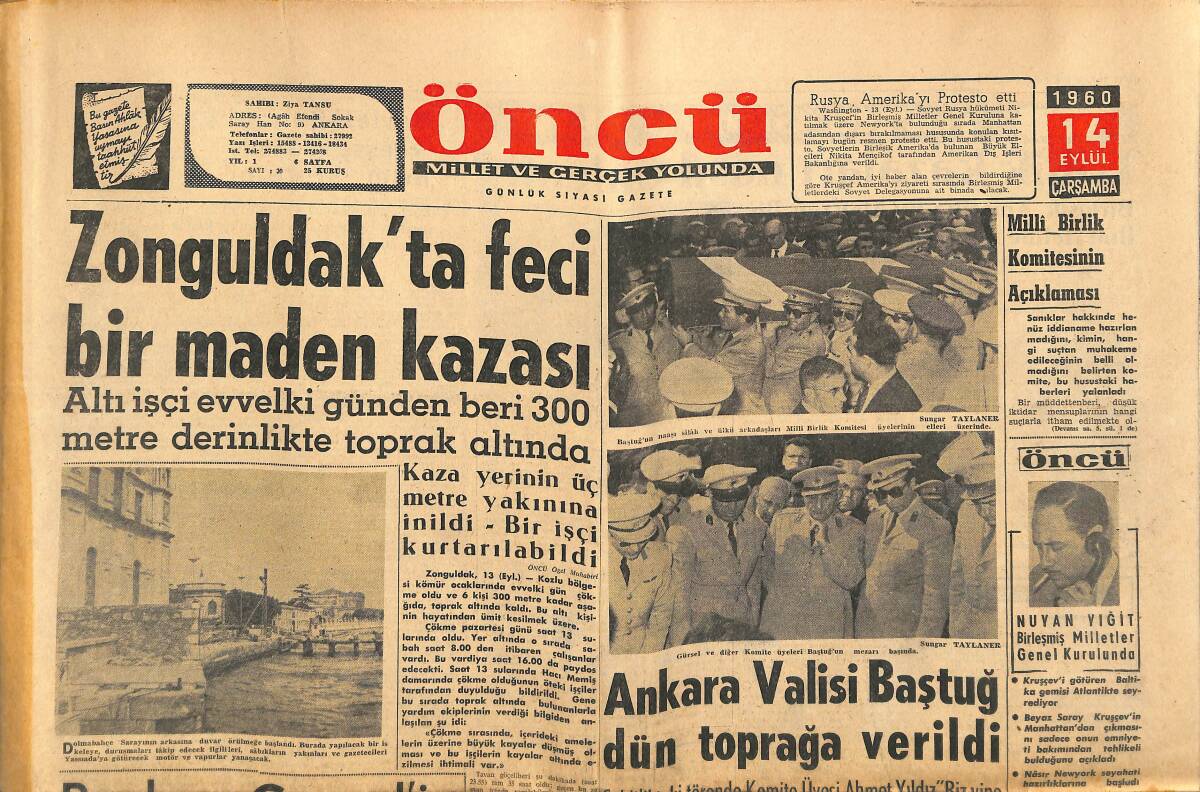 Öncü Gazetesi 14 Eylül 1960 - Zonguldak'ta Feci Bir Maden Kazası - Başkan Gürsel'in Gezisi Geri Kaldı ! GZ143970 - 1