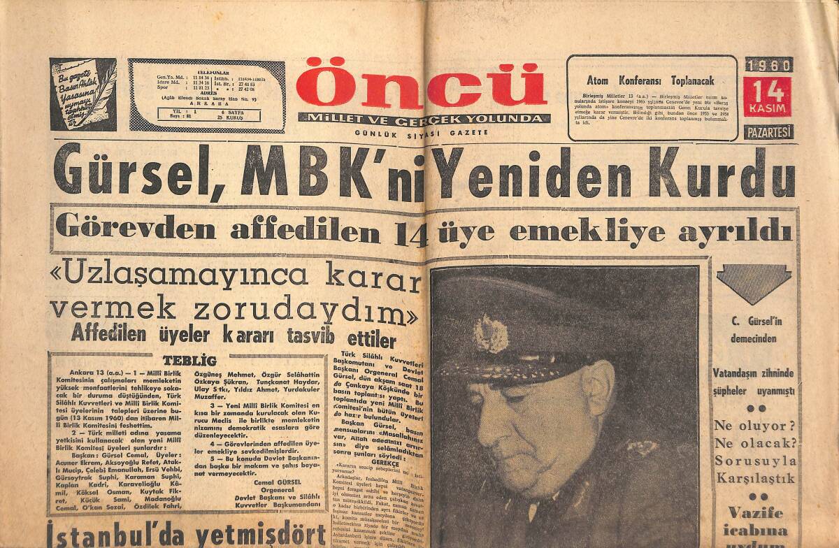 Öncü Gazetesi 14 Kasım 1960 - Cemal Gürsel, MKB'Nİ Yeniden Kurdu - Ankara Hastanesi Devredilmeyecek Mi? GZ144097 - 1