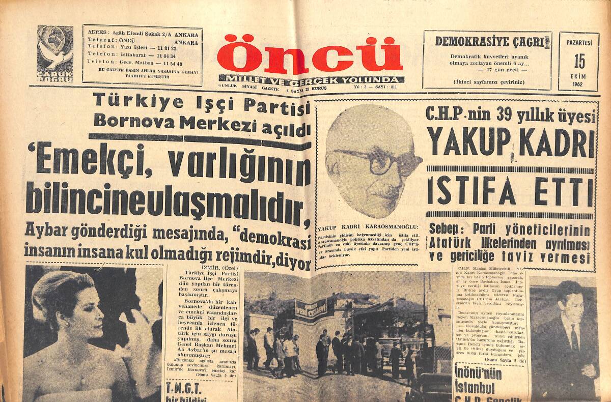 Öncü Gazetesi 15 Ekim 1962 - Yakup Kadri İstifa Etti - Monoko Prensesliği Durumu Tehkikede GZ144094 - 1
