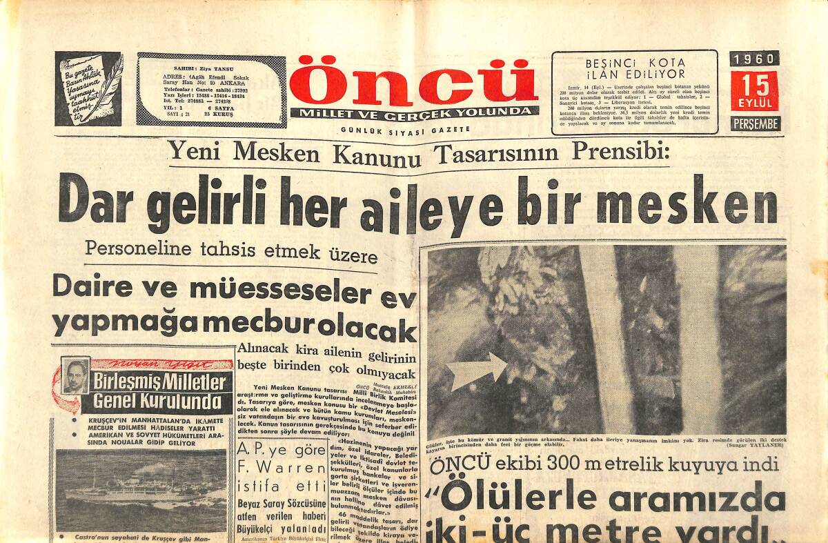 Öncü Gazetesi 15 Eylül 1960 - Castroda Manhattan'da İkamete Mecbur Kılındı - ÖNCÜ Ekibi 300 Metrelik Kuyuya İndi GZ143971 - 1