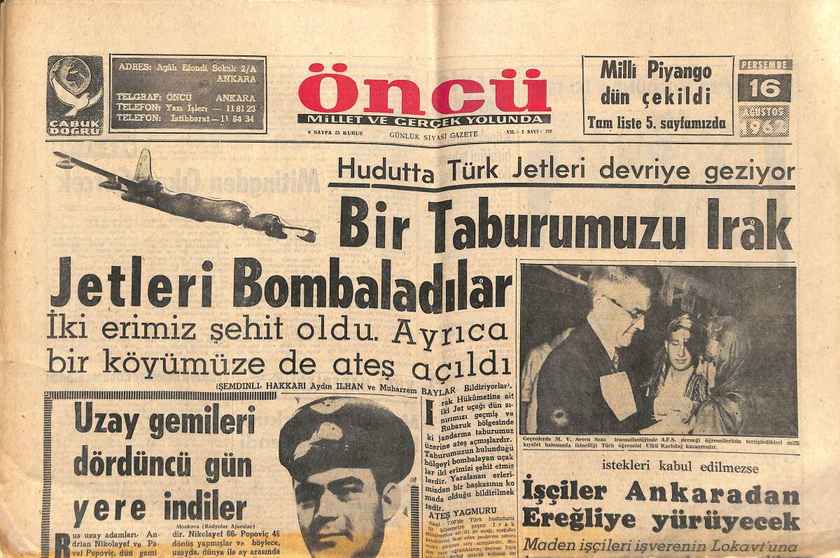 Öncü Gazetesi 16 Ağustos 1962 - Son Tayfunda 165 Balıkçı Kayboldu - Marilyn'den Sonra İntiharlar Arttı GZ143985 - 1