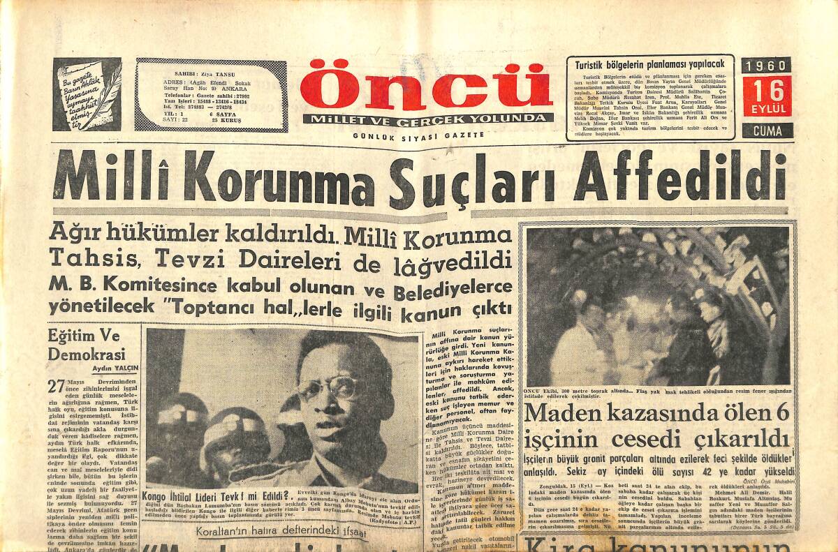 Öncü Gazetesi 16 Eylül 1960 - Milli Korunma Suçları Affedildi - Toprak Reformunun Esasları Hazırlandı GZ143972 - 1