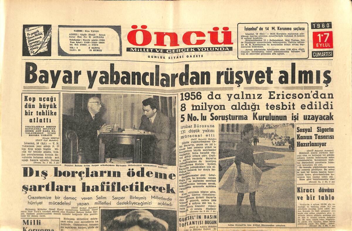 Öncü Gazetesi 17 Eylül 1960 - Bayar Yabancılardan Rüşvet Almış - İzmir Valisi İhtar Ediyor GZ143973 - 1