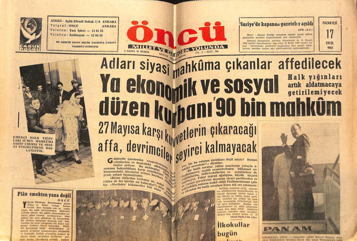 Öncü Gazetesi 17 Eylül 1962 - Bitlis Ceza Evinde Ayaklanma Oldu - Galatasaray Dinamo'yu Ezerek Tur Atladı:3-0 GZ149062 - 1
