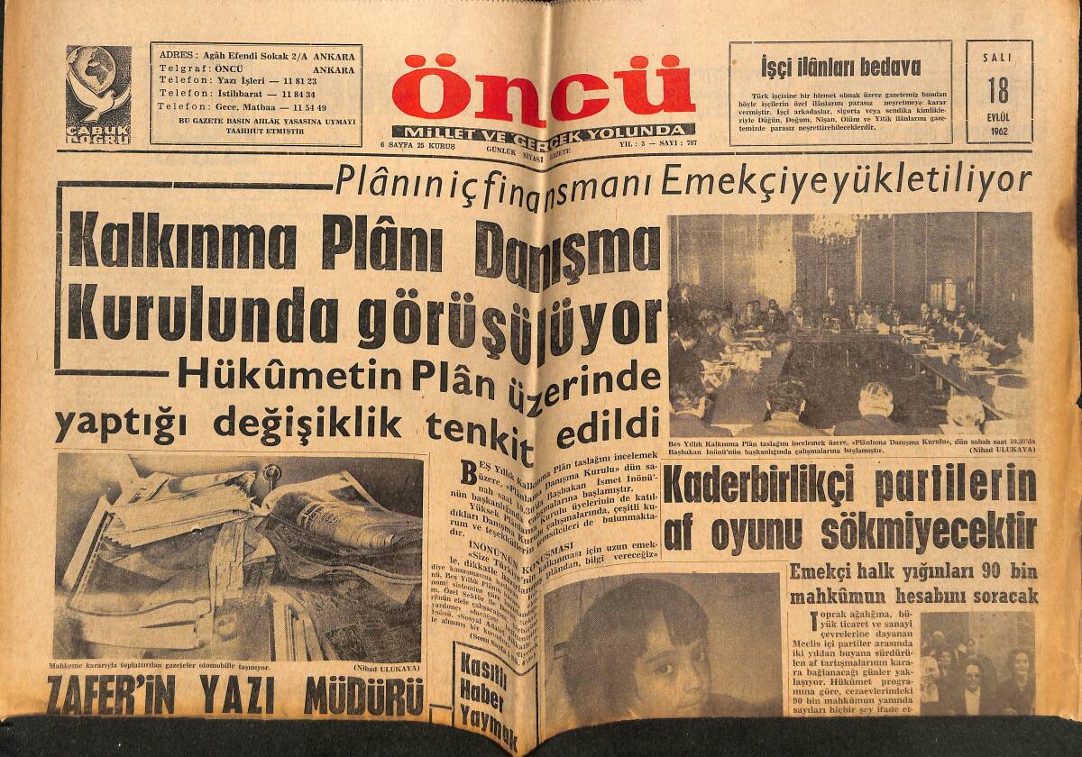 Öncü Gazetesi 18 Eylül 1962 - Leftersiz Milli Takım Kadrosu Dün Açıklandı - İşçi Partisi Gelişiyor GZ148823 - 1
