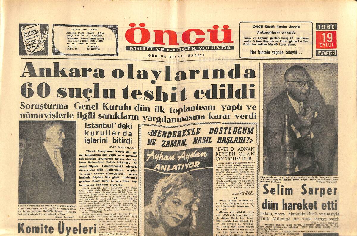 Öncü Gazetesi 19 Eylül 1960 - Selim Sarper Dün Hareket Etti - Ege'de İşsizlik Sona Erdi GZ143975 - 1