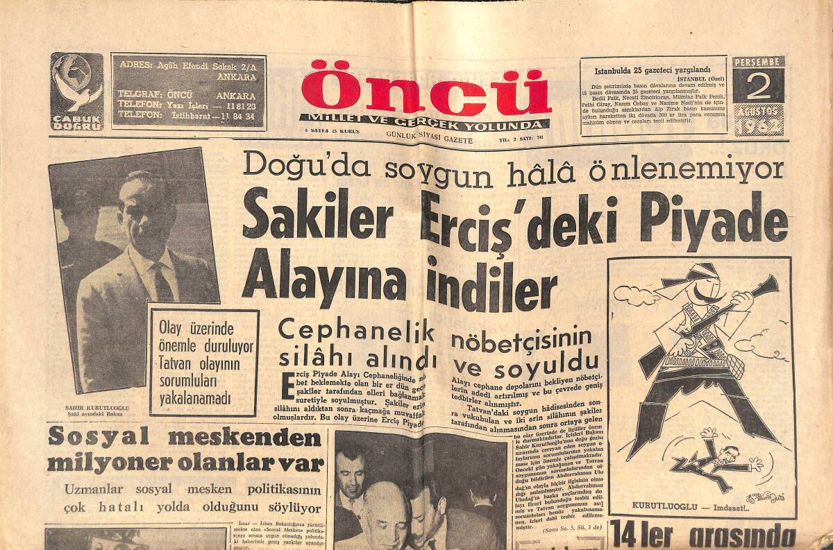 Öncü Gazetesi 2 Ağustos 1962 - Sakiler Erciş'deki Piyade Alayına İndiler - Prenses Grance Kelly Hayatının En Korkulu Anını Yaşadı! GZ144081 - 1