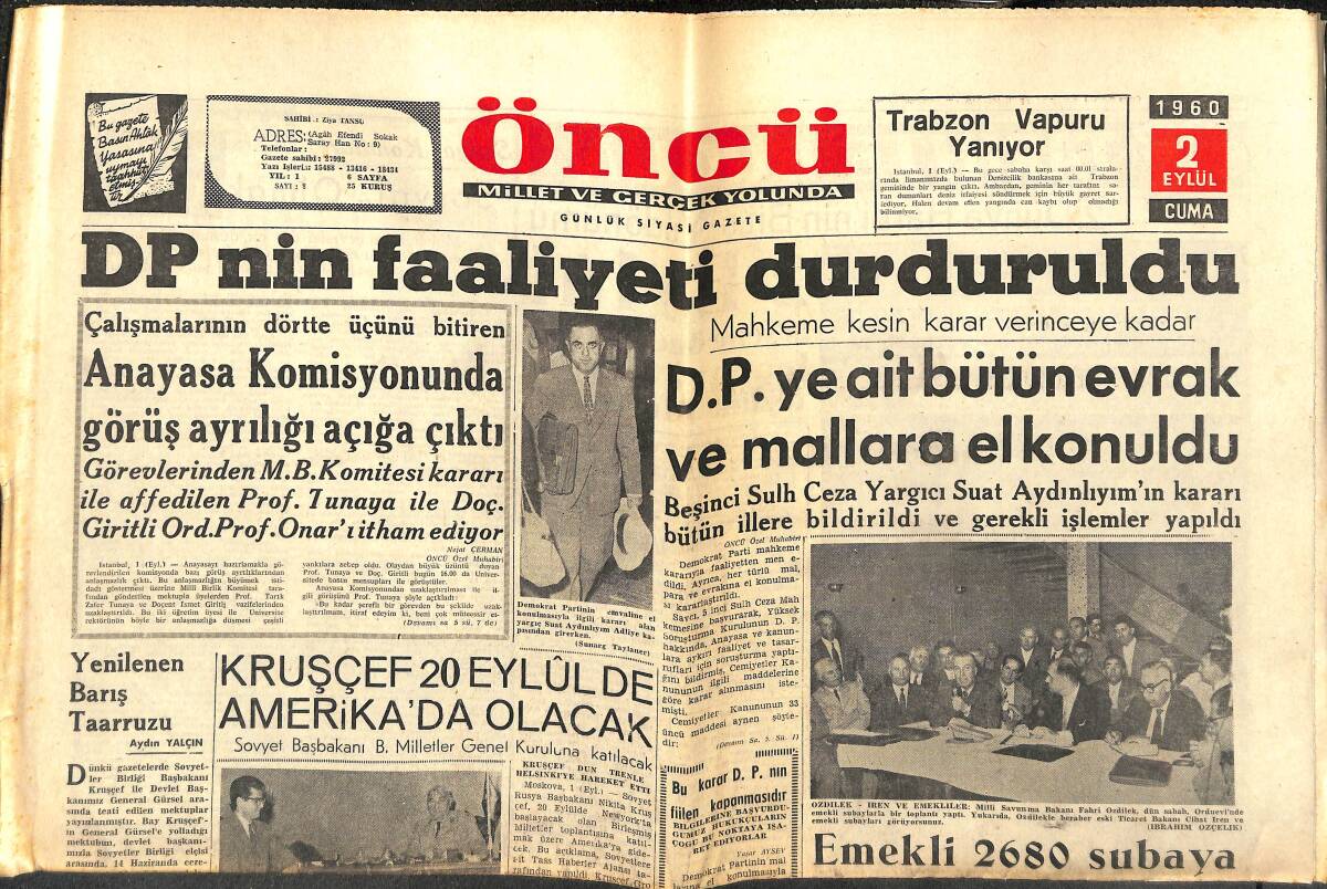 Öncü Gazetesi 2 Eylül 1960 - DP'nin Faaliyeti Durduruldu - Korkunç Fiyat Artışının Sebebi GZ144001 - 1